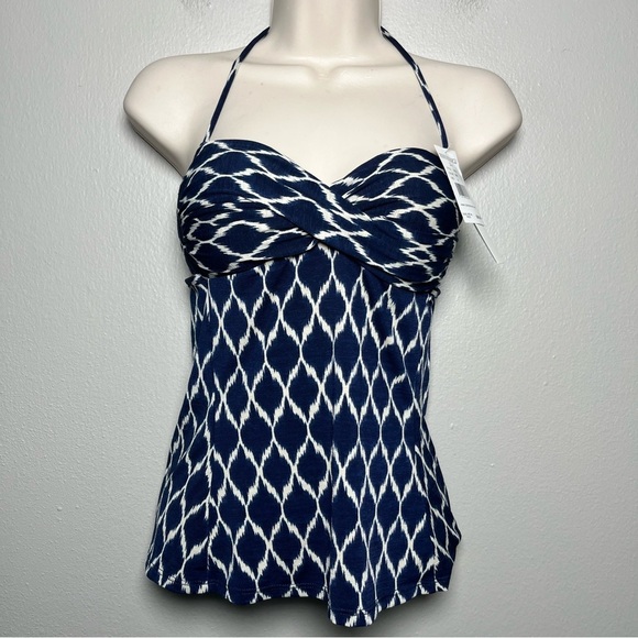 NEW Robin Piccone Tankini Small Blue Whit Ikat Halter Neck Resort Beach Vacation - Picture 1 of 9